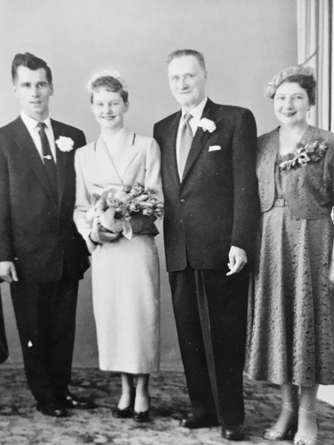 Garth and Shirley June Thorkilson on the day of their wedding, 19 March 1955, with Shirley's parents William and Ivy Dunville