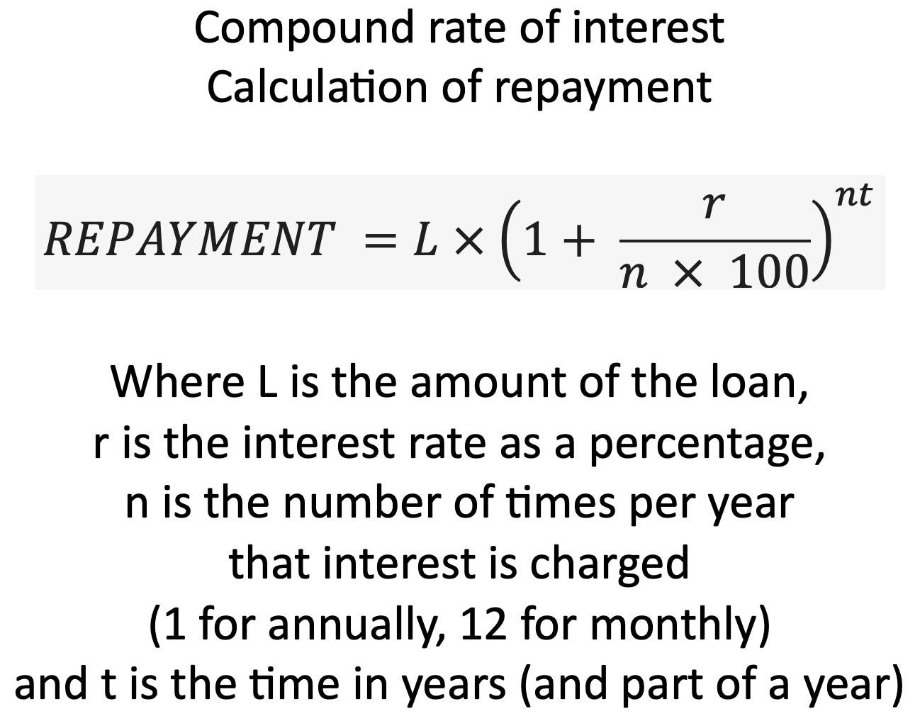 Formula for Compound Rate of Interest, to calculate the repayment