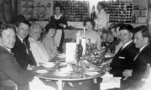 photograph: Gordon, Derry (Alex), Jen, Gwen Cook, Margaret, Paddy, Joan, Peter Cook, Don, April 1961