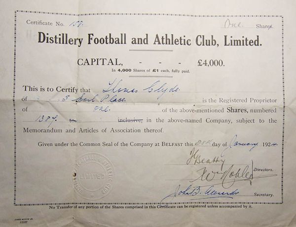 Dunville Football and Athletic Club, Limited, 1924 Share Certificate