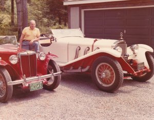 Harry Charles Dumville and two of his vintage cars
