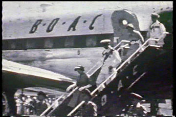 Princess Elizabeth, the Duke of Edinburgh, Lady Pamela Mountbatten and Lieutenant Commander Michael Parker disembark from the BOAC Argonaut in Nairobi on 1st February 1952.